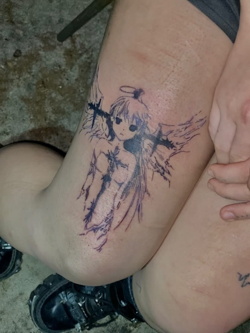 Anime angel with tribal crosses above the knee, fresh
